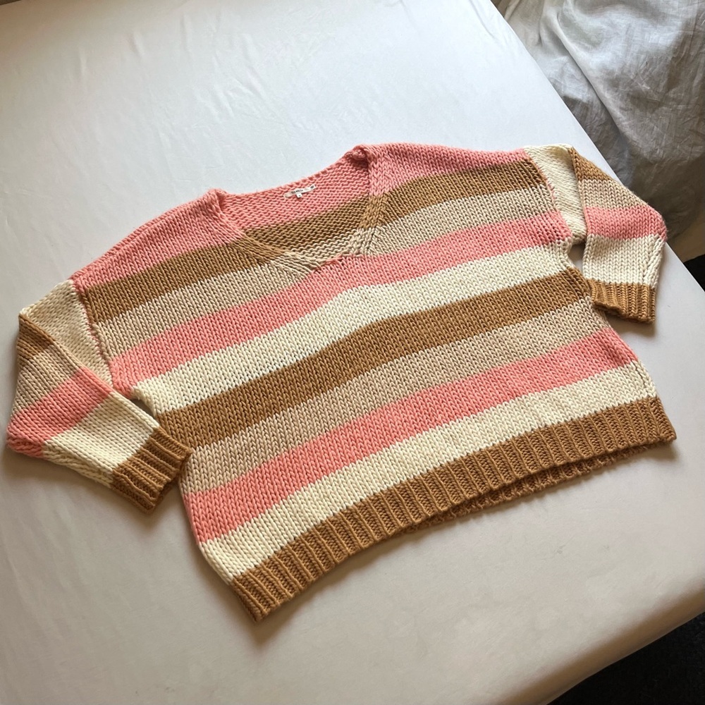 TULAROSA pink cream brown stripe boxy oversized long sleeve pullover‎ sweater